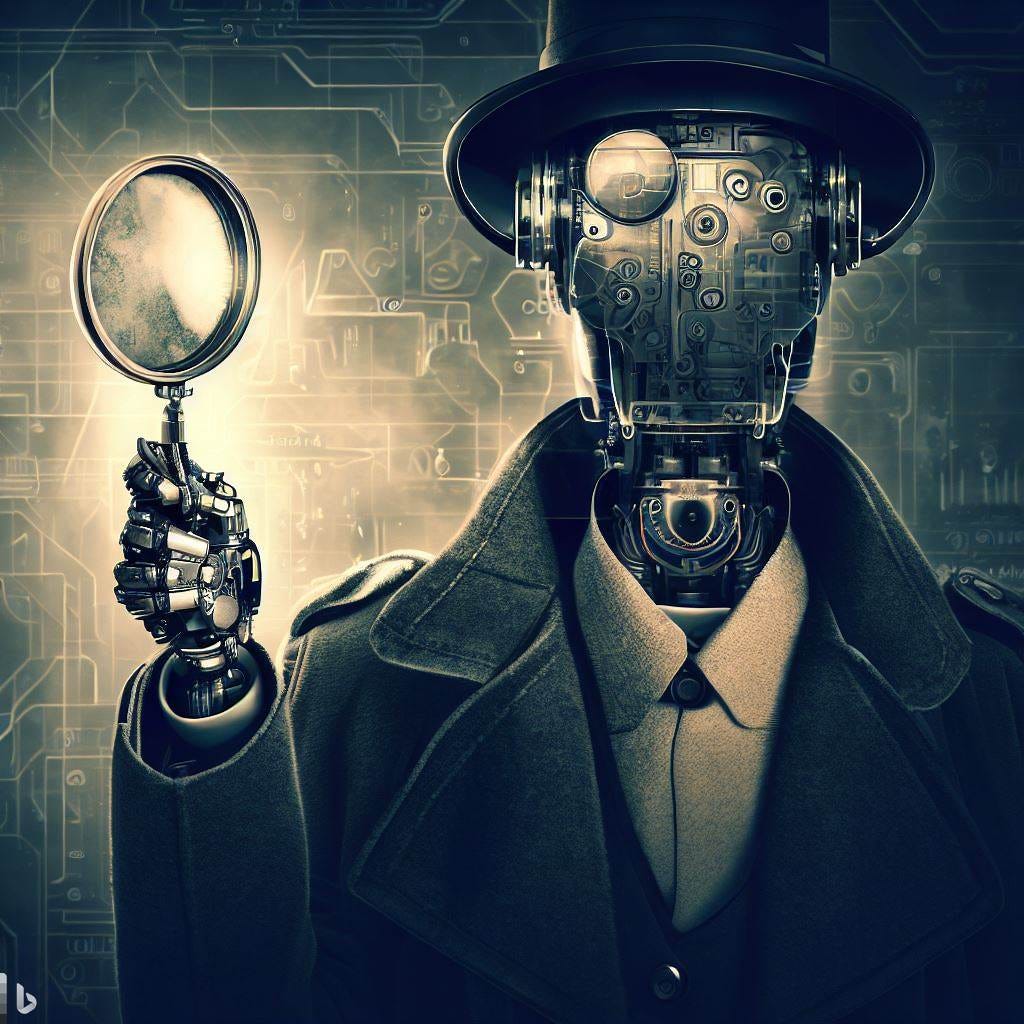 An image of sherlock holmes as a robot holding a magnifying lens An image of sherlock holmes as a robot holding a magnifying lens