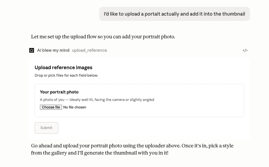 Screenshot showing upload reference image interface where users can add a portrait photo to include in a generated YouTube thumbnail with file selection field and instructions for uploading a well lit image