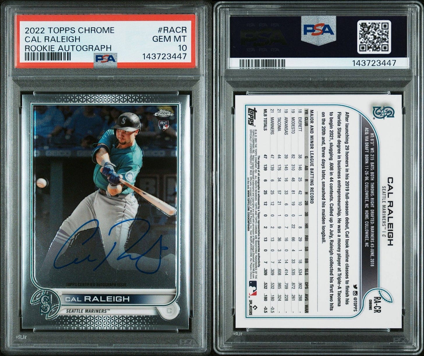 2022 Topps Chrome Cal Raleigh Rookie Auto PSA 10