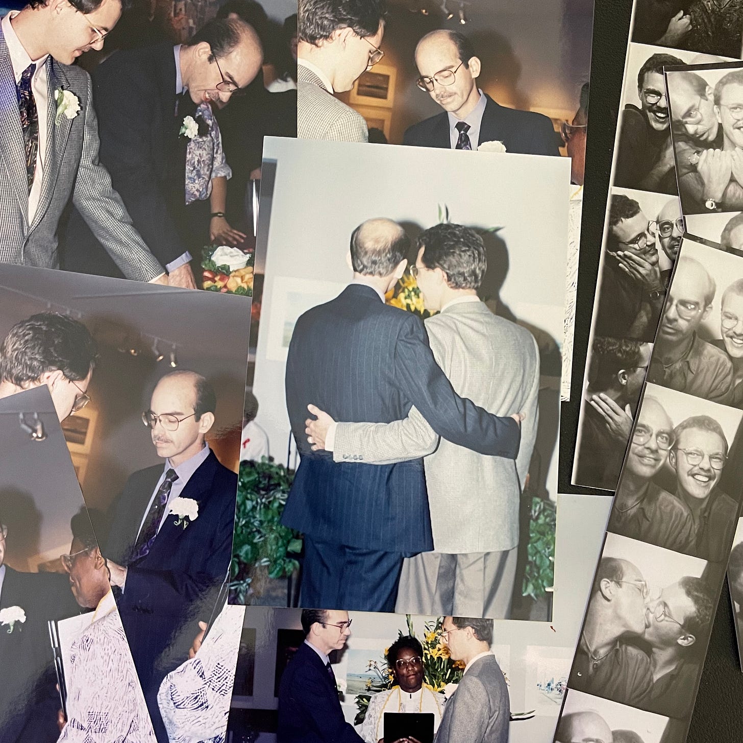 A collage of intimate photographs featuring a same-sex couple on their wedding day. The central images show the two men, dressed in suits, holding hands, embracing, and participating in a ceremony officiated by a clergy member. Surrounding them are candid shots and photobooth strips showing joyful, affectionate moments — including smiles, kisses, and playful expressions. The mood is tender, celebratory, and filled with love and connection. A collage of intimate photographs featuring a same-sex couple on their wedding day. The central images show the two men, dressed in suits, holding hands, embracing, and participating in a ceremony officiated by a clergy member. Surrounding them are candid shots and photobooth strips showing joyful, affectionate moments — including smiles, kisses, and playful expressions. The mood is tender, celebratory, and filled with love and connection.