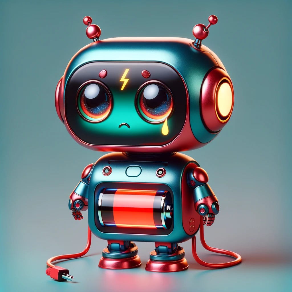 A sad robot with a dead battery
