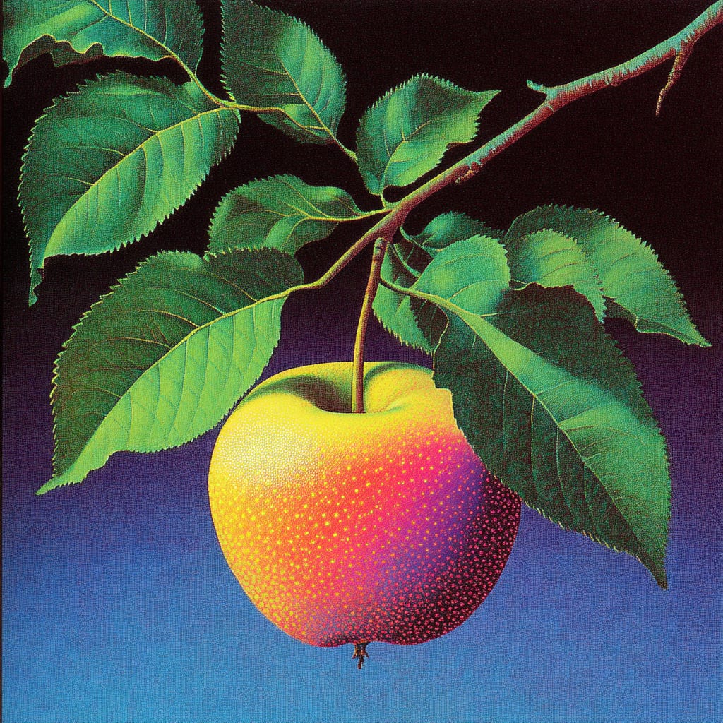 A vibrant, hyper-realistic painting of a single golden apple hanging from a branch with green leaves. The apple has a gradient color from yellow at the top to deep red at the bottom, with a textured surface of tiny dots. The apple and leaves are set against a background that transitions from dark at the top to a bright blue at the bottom, creating a striking contrast