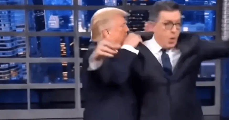 Donald Trump Posts Doctored Video Throwing Stephen Colbert Into Dumpster Donald Trump Posts Doctored Video Throwing Stephen Colbert Into Dumpster