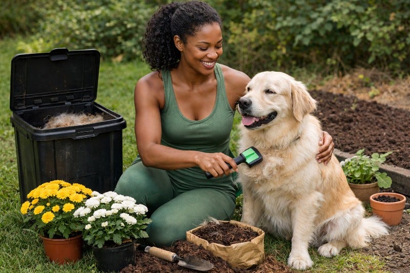 Woman brushes her hairy dog and puts hair in a compost container near her garden.