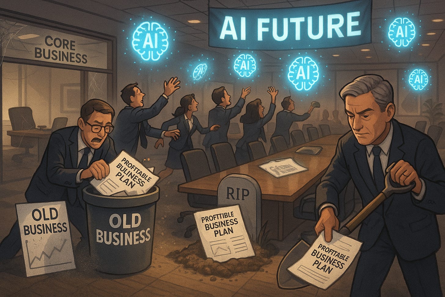 a corporate boardroom with executives frantically throwing profitable business plans into a trash bin labeled "OLD BUSINESS" while chasing after floating holographic AI symbols. Revenue charts showing steady profits lie abandoned on the floor, covered in dust. In the background, a "CORE BUSINESS" office sits empty with cobwebs, while everyone crowds around a glowing "AI FUTURE" banner. The CEO holds a shovel, literally burying traditional business models in a corporate cemetery