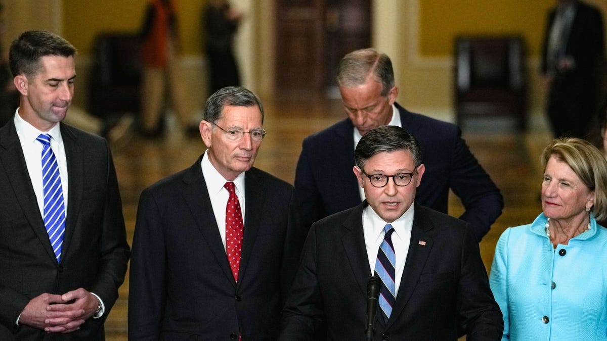 House Speaker Mike Johnson speaks to reporters while Senate Republican leaders hold a press conference following their weekly policy lunch as the partial government shutdown continues, on Capitol Hill in Washington, D.C., U.S., October 7, 2025.
