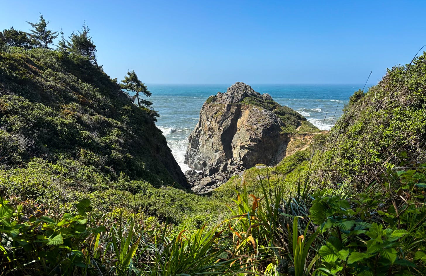 view of huge rock outcropping in Pacific Ocean as seen from between two rocky hills covered with pines and lush green foliage