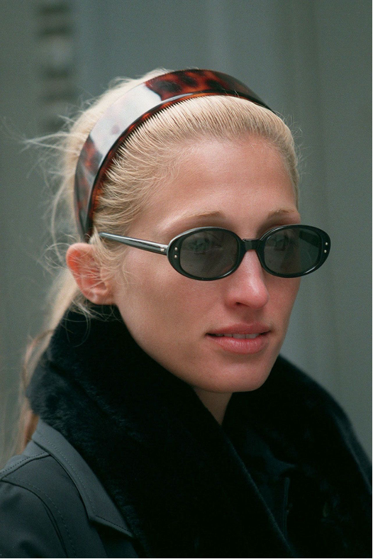 A high-quality leopard acetate and tortoise shell headband by Charles J. Wahba, a signature accessory for the minimalist Carolyn Bessette-Kennedy hair look.