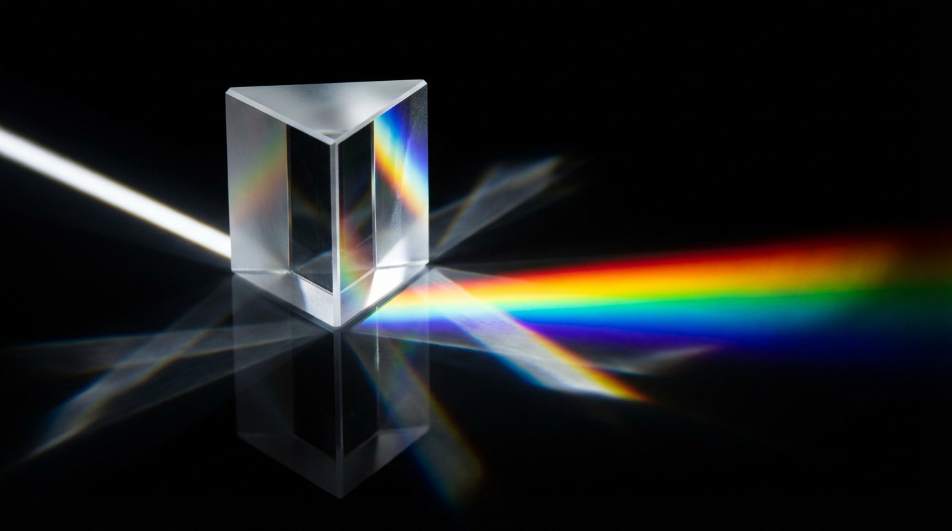 A glass prism refracting a beam of light into various colors on a dark background. A glass prism refracting a beam of light into various colors on a dark background.