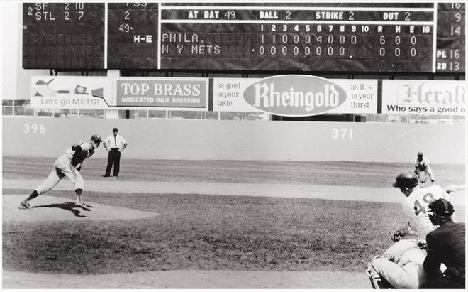 Phillies pitcher Jim Bunning caps off his perfect game by striking out the Mets' John Stephenson on June 21, 1964. It was the first perfect game in Phillies' history.