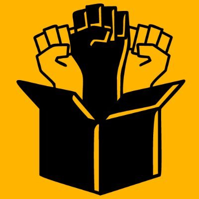The ALU logo. Three fists, two white and one black, thrusting out of a cardboard shipping box.