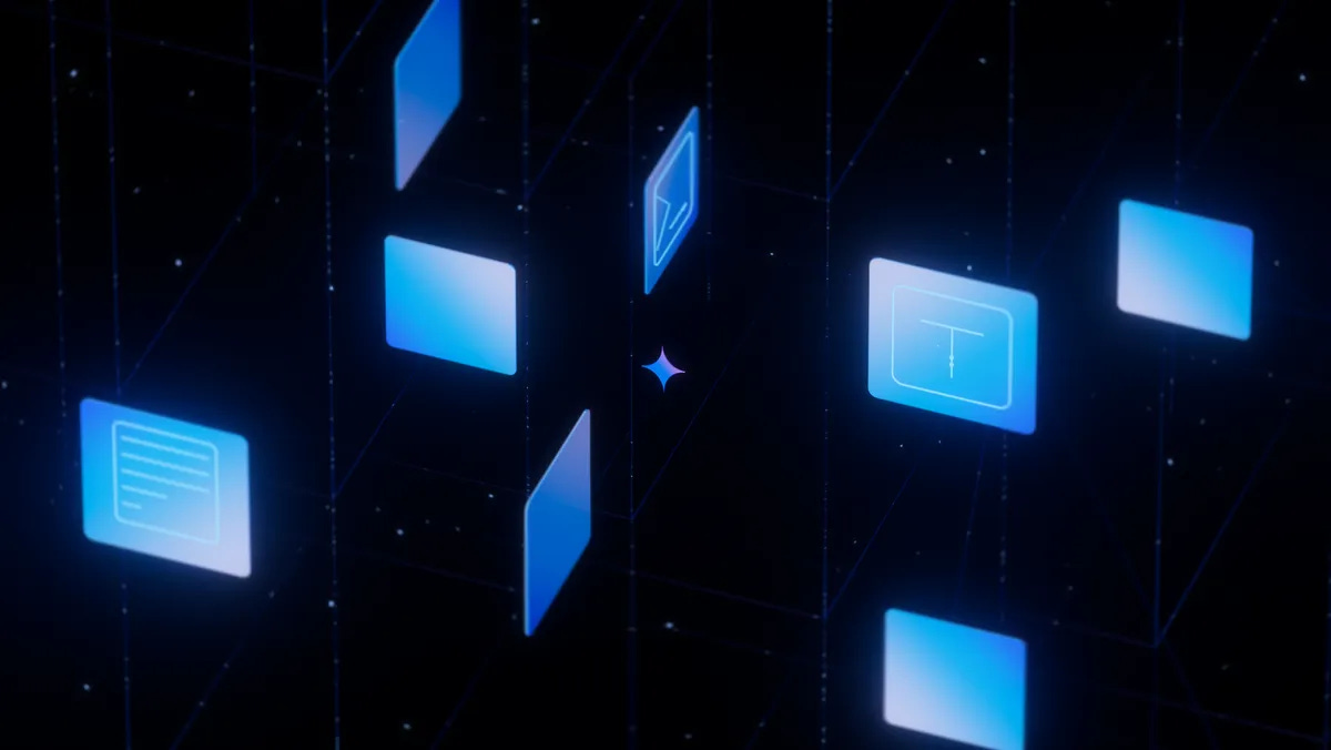 Blue squares with icons and a glowing starburst are suspended in a dark, grid-lined space, representing different functions or applications within a digital network.