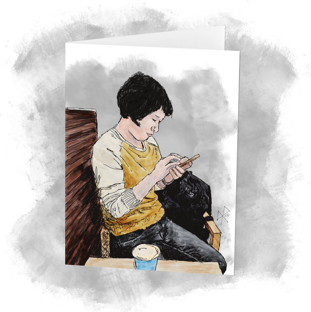 A woman sitting in a coffee shop, disposable cup on the table in front of her, fully engaged with her phone as she types and swipes its face. Sketch art by Don Rice. A woman sitting in a coffee shop, disposable cup on the table in front of her, fully engaged with her phone as she types and swipes its face. Sketch art by Don Rice.