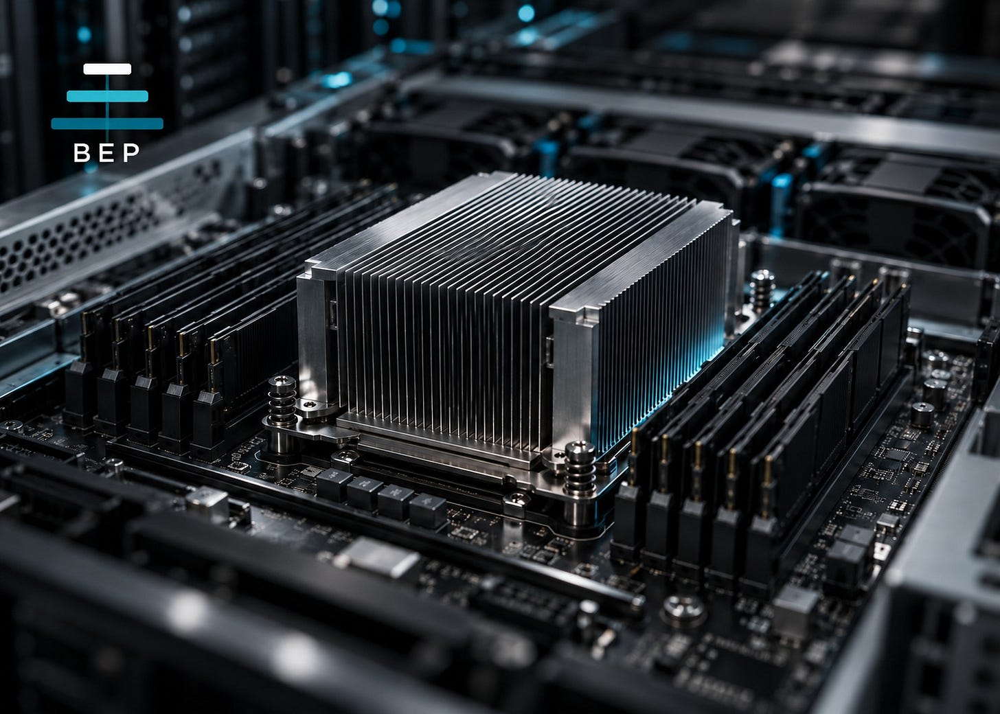 AI-generated close-up of a server board: a large finned metal heatsink over the CPU socket, flanked by rows of memory modules, with fans and rack hardware behind it and the BEP logo in the upper left.