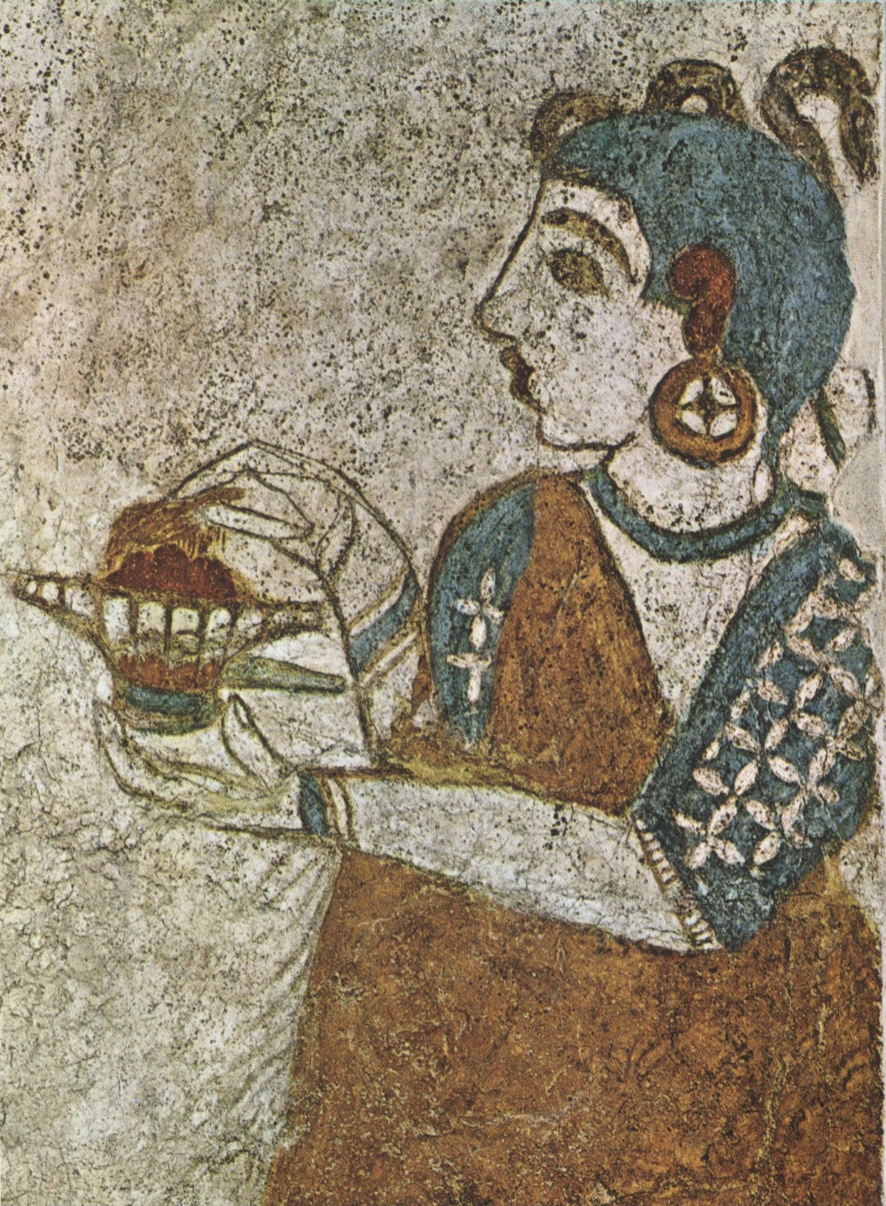 Minoan girl with shaved head, topknoti, and large earrings putting incense on hot coals in an incense burner.