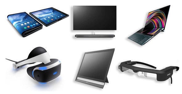 A bunch of OLED screens on devices like laptops, computers, tablets, etc. A bunch of OLED screens on devices like laptops, computers, tablets, etc.
