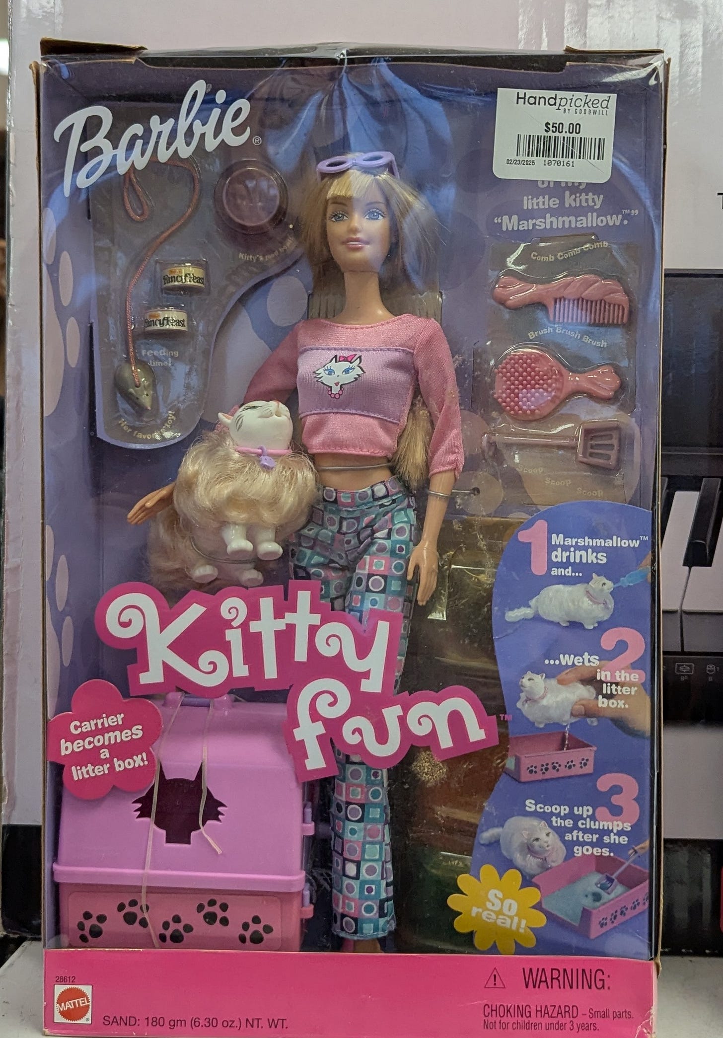 Kitty Fun Barbie. In box. In Goodwill. For $50. Barbie and a fluffy thing that I guess is a cat? It is apparently named Marshmallow. Kitty Fun Barbie. In box. In Goodwill. For $50. Barbie and a fluffy thing that I guess is a cat? It is apparently named Marshmallow.