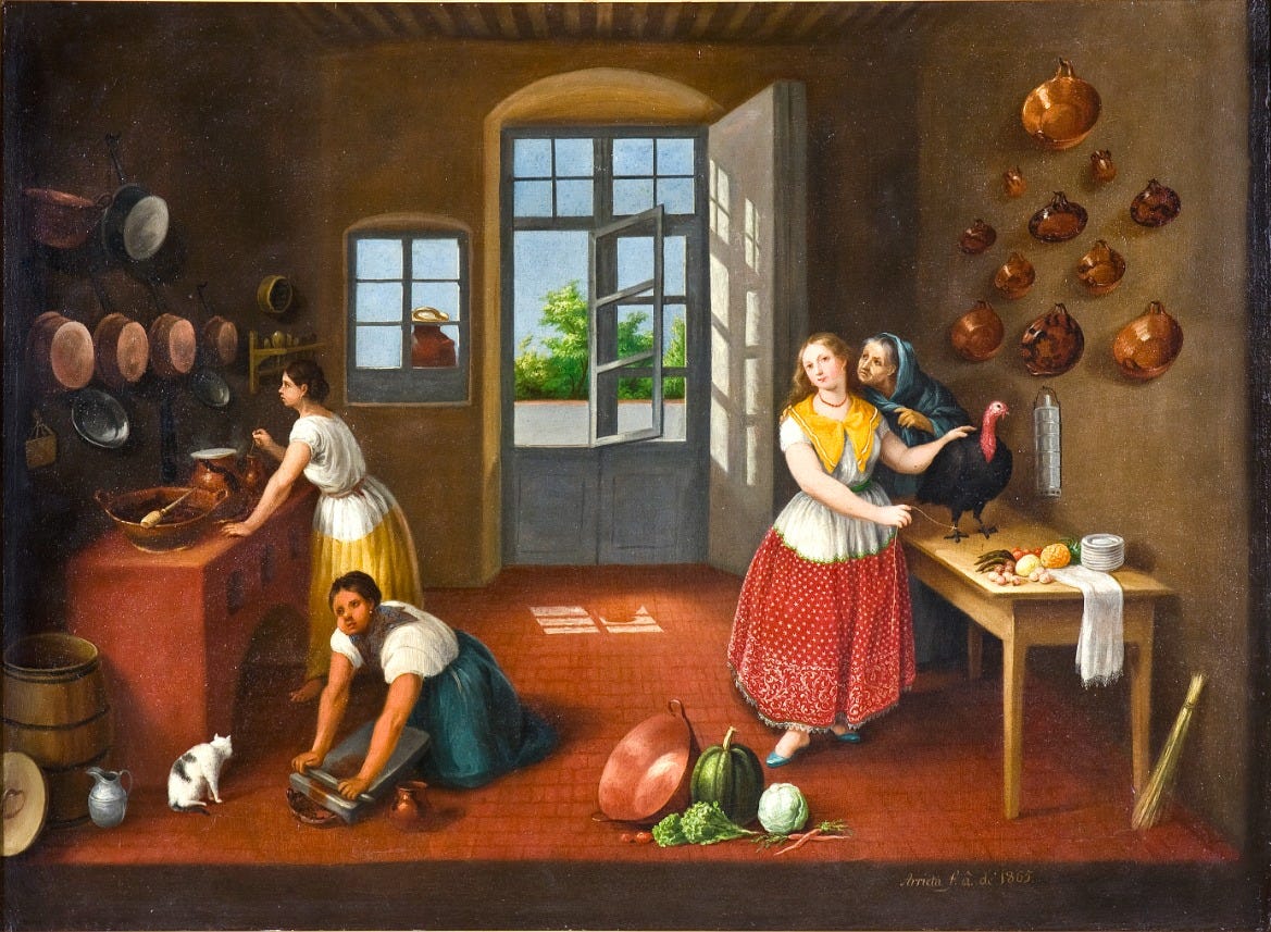 A Puebla kitchen with two women cooking on the left and an old woman whispering to a young woman holding a turkey