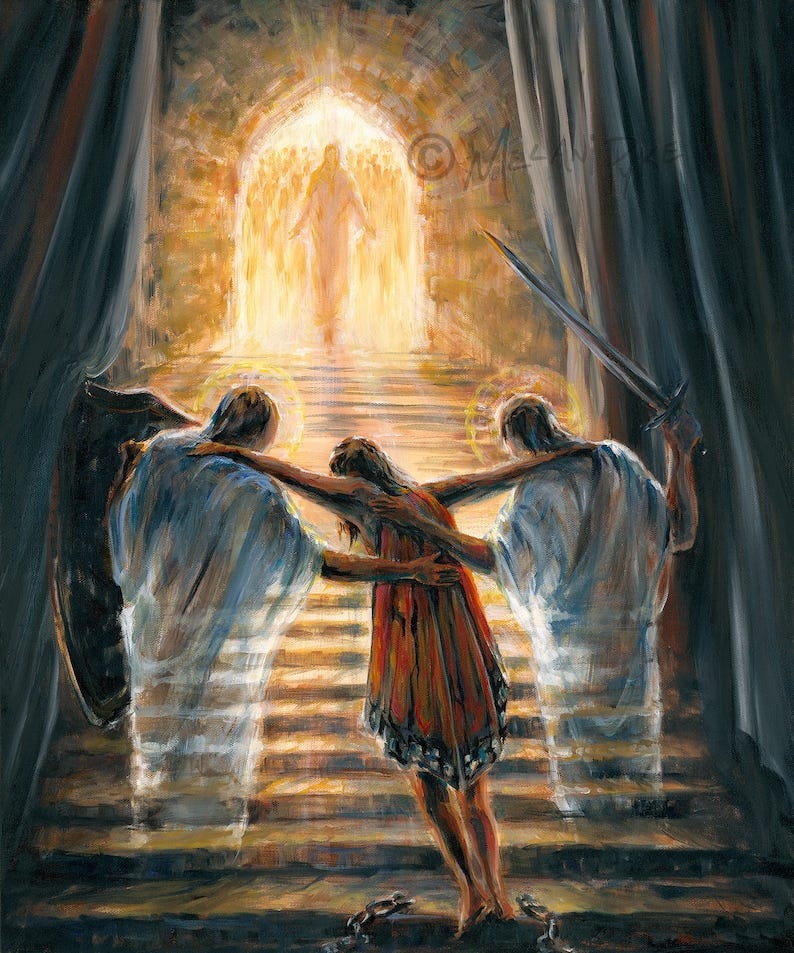 Painting of a woman being helped up a gold stairway to heaven by an angel on each side carrying a sword and shield. Silhouette Jesus Christ stands in arched doorway with crowd of figures behind.