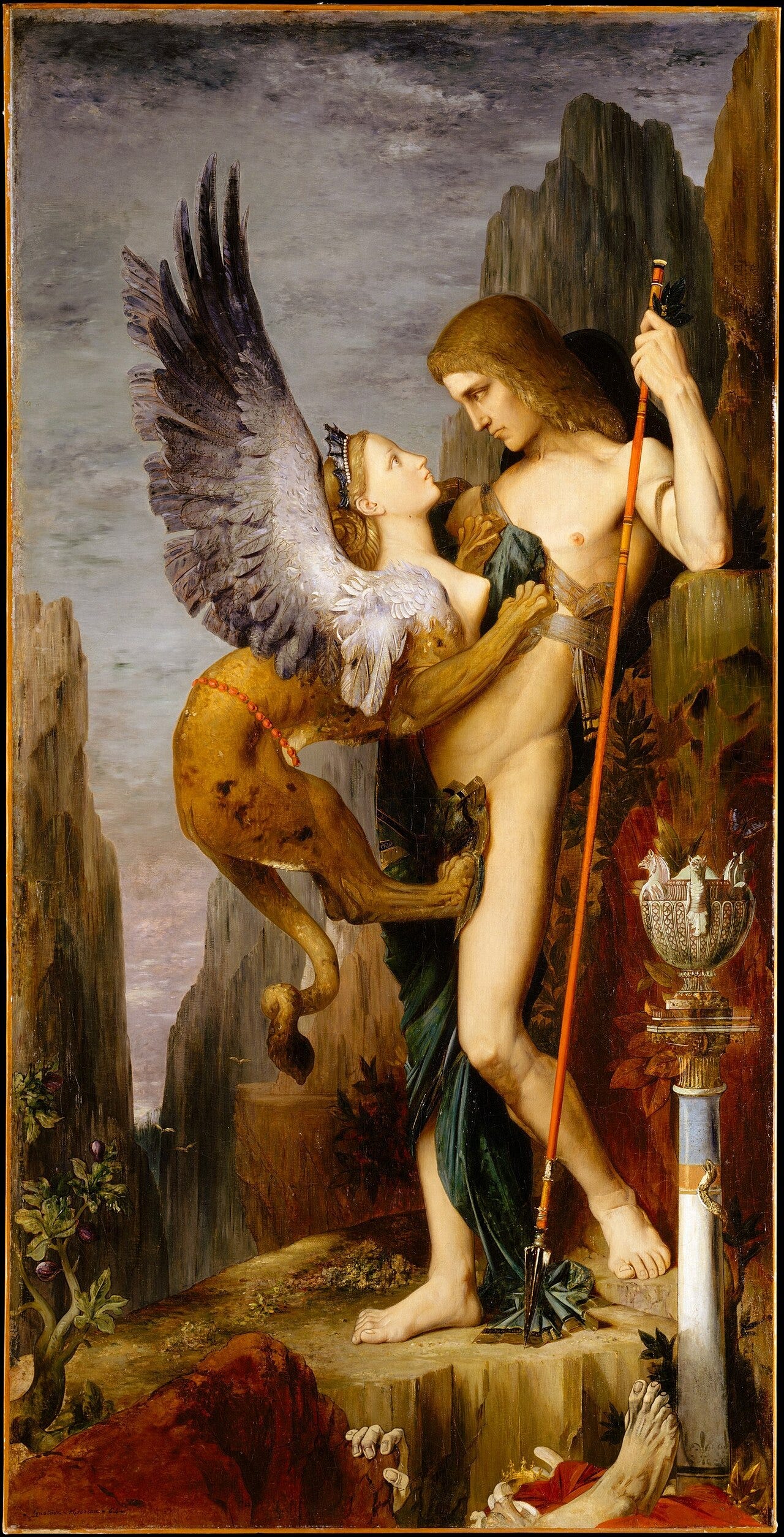 Oedipus facing the winged Sphinx clinging to him Oedipus facing the winged Sphinx clinging to him