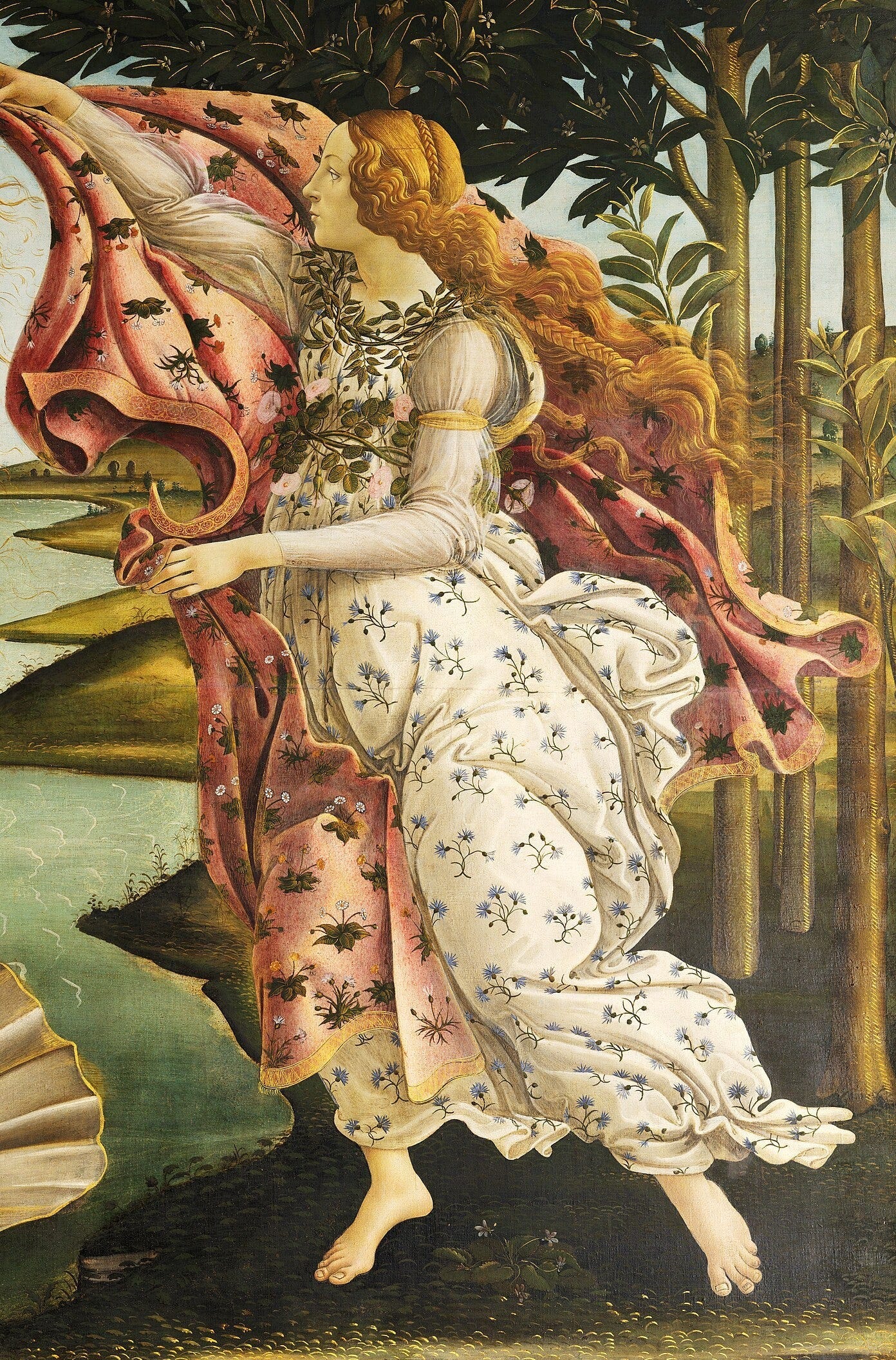 Detail of the young woman at right holding out a cloak