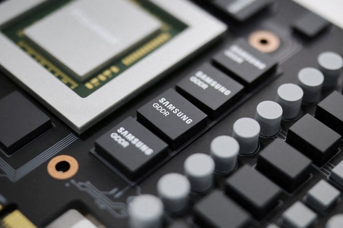 Close-up of Samsung memory chips on a circuit board.