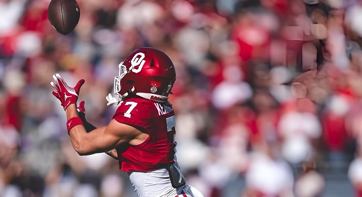Oklahoma WR Zion Kearney catching a pass. Photo credit: OU Athletics. 