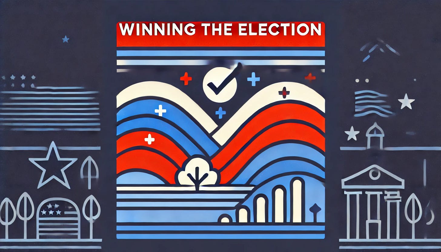 Create a simple, bold landscape graphic in red, white, and blue for the title 'Winning the Election.' Use clean, modern typography with a patriotic feel, emphasizing red, white, and blue colors. Include a minimalistic, subtle icon or outline representing victory, like a checkmark or abstract shapes resembling a celebration. Keep the design uncluttered and clear, suitable for a headline or announcement.