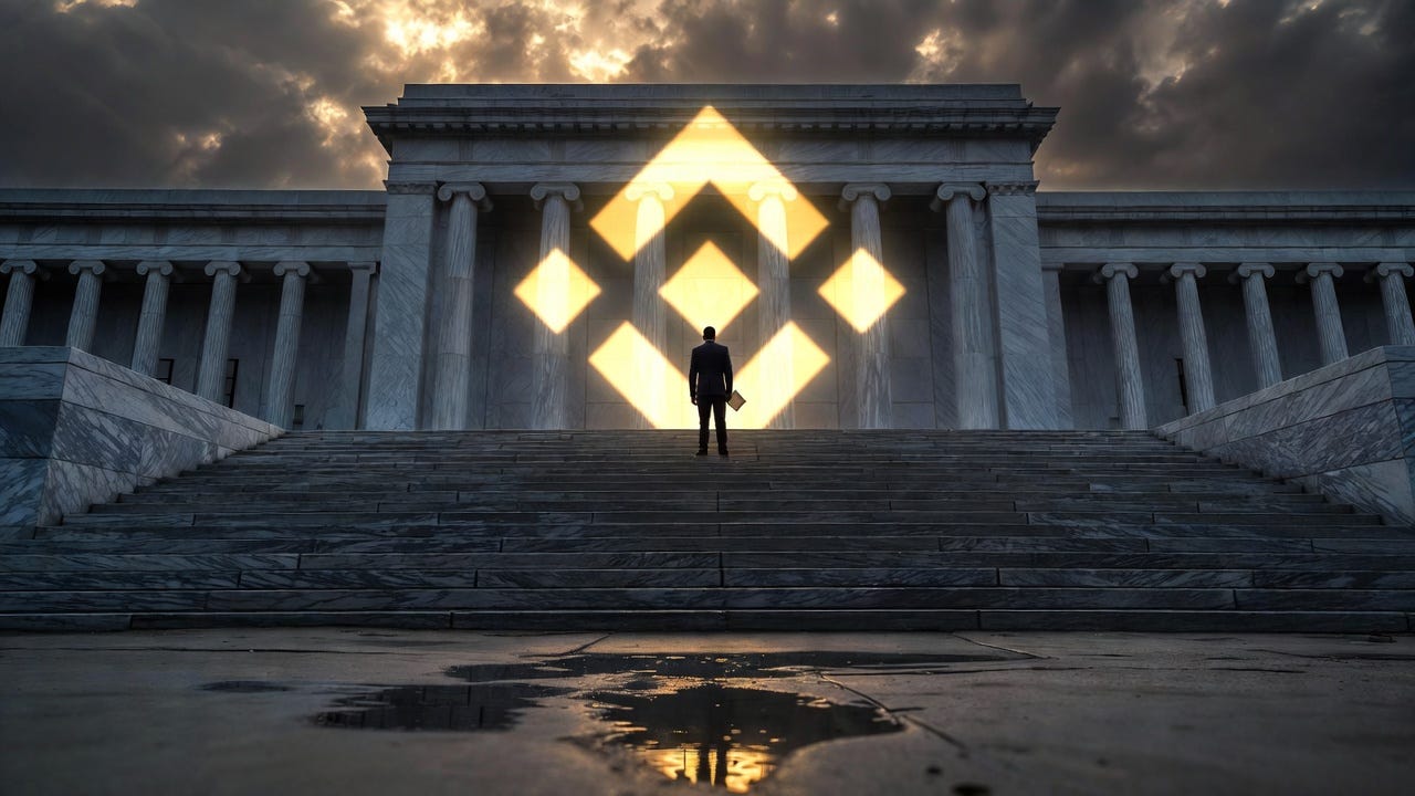 A lone suited figure stands at the top of marble steps before a neoclassical government building, with the glowing Binance logo radiating from within its columns under a stormy sky, depicting crypto's uneasy relationship with institutional power A lone suited figure stands at the top of marble steps before a neoclassical government building, with the glowing Binance logo radiating from within its columns under a stormy sky, depicting crypto's uneasy relationship with institutional power