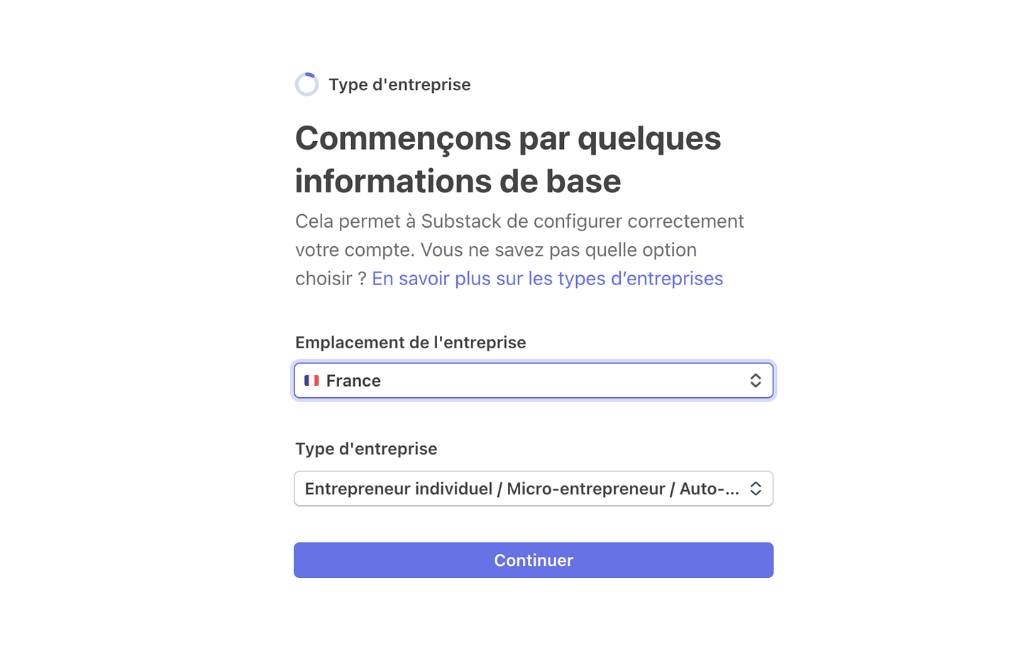 Configuration du compte Stripe pour Substack avec choix du pays et du type d’entreprise.