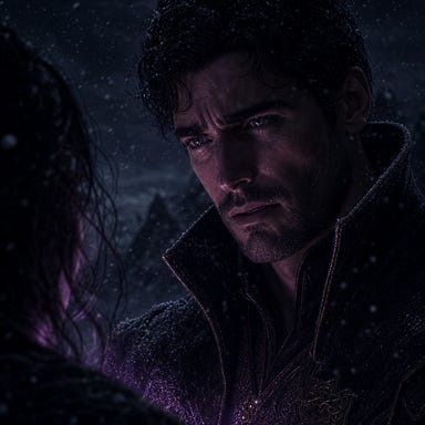 Fleetwood reacting to Clarion’s confession in a snowbound mountain pass at night. Close-up on Fleetwood: storm-grey eyes filled with hurt and restrained emotion, short beard rimed with frost, dark hair tousled by the wind. Violet lantern light from Clarion’s hand illuminates half his face, casting dramatic Barovian Gothic shadows. Snow swirls around them, the world narrowing to the moment he hears her truth.