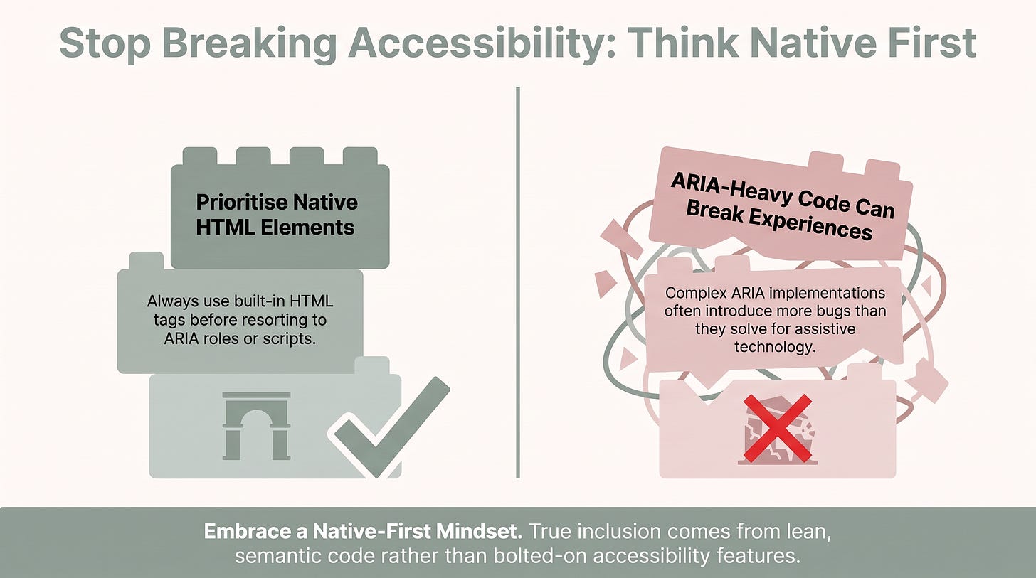 Stop Breaking Accessibility: Think Native First. Prioritise Native HTML ELemants. ARIA-Heavy COde Can Break Experiences.