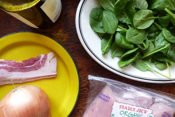 chicken with wilted spinach and bacon