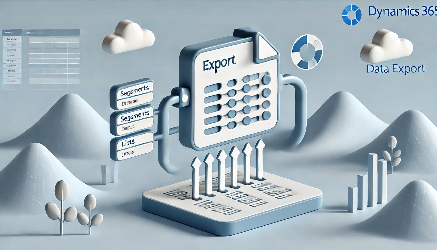 A clean, minimalist landscape image symbolizing data export in a CRM system. It features a simple dashboard interface with data flowing from segments or lists into a spreadsheet icon, representing the export process. The design uses a professional color scheme of light blues, whites, and grays, with minimalistic elements to keep the image uncluttered. The overall feel is modern, efficient, and focused on simplicity, matching the theme of an easy data export process in Dynamics 365.
