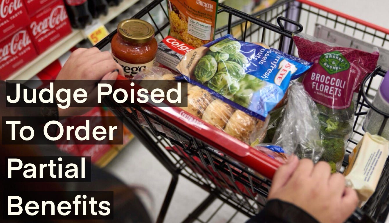 Alt text: Snap funding lapse during shutdown — close-up of a grocery cart with packaged veggies and staples; on-screen headline reads “Judge Poised To Order Partial Benefits.”