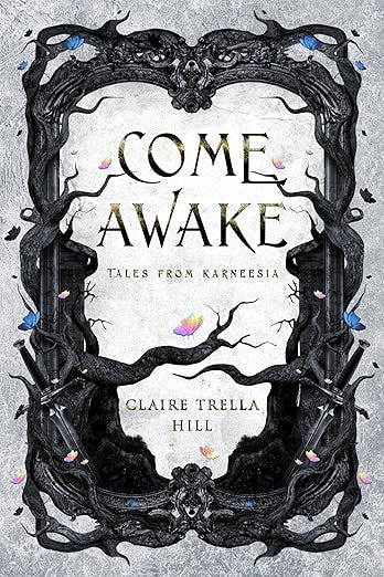 Bookcover: Come Awake by Claire Trella Hill. Black and white tree motif with a few colorful birds. Bookcover: Come Awake by Claire Trella Hill. Black and white tree motif with a few colorful birds.