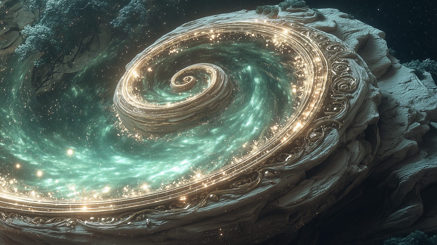 luminous cosmic LOGOS, fractal DNA spiraling into galaxies, quantum realms merging, sacred geometric symbols glowing, divine surrealism, cinematic lighting