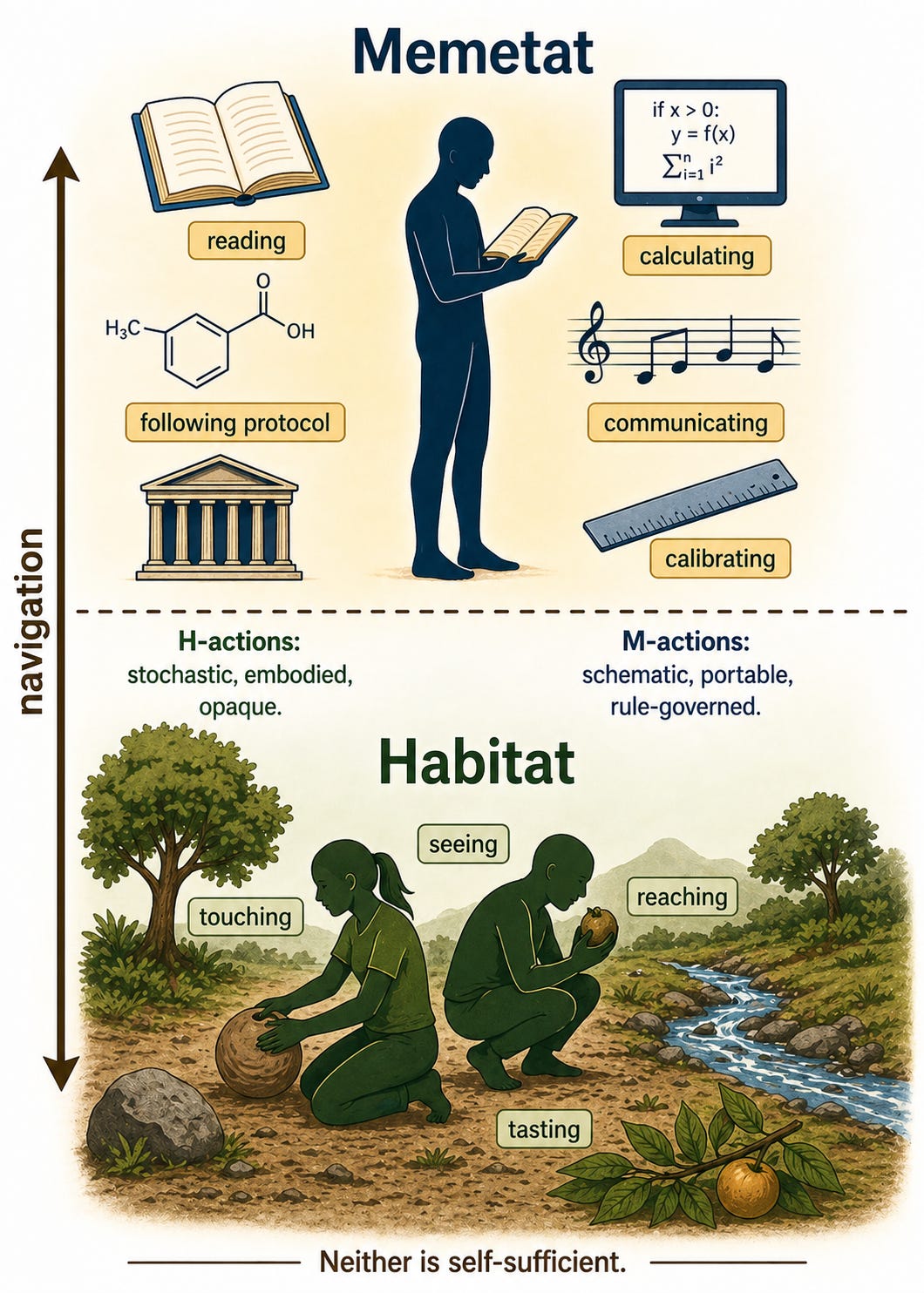 Human animals predominantly navigate between habitat and memetat, while other animals live in a habitat.