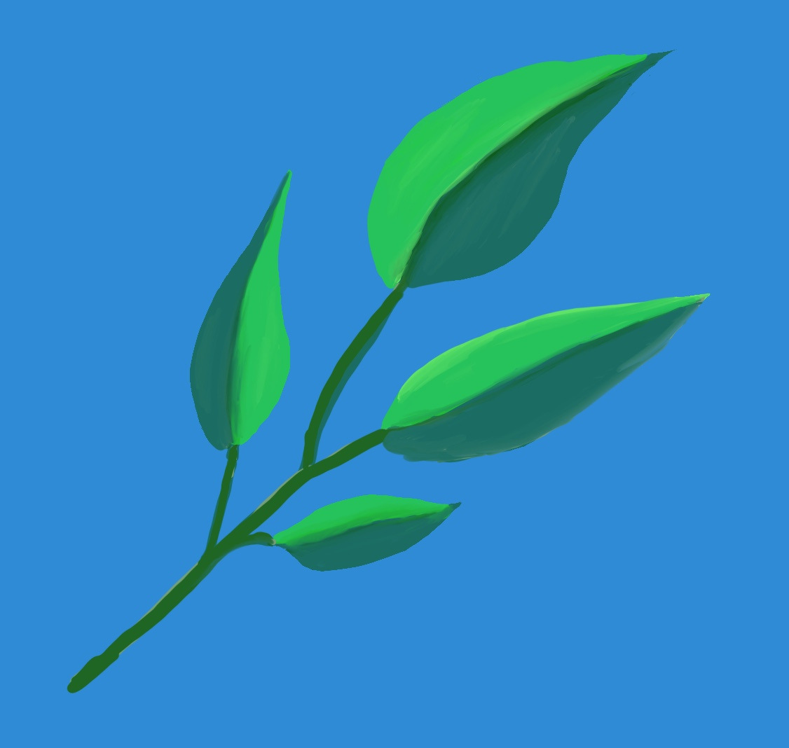 Drawing of a branch with four two-toned green leaves against a sky blue background