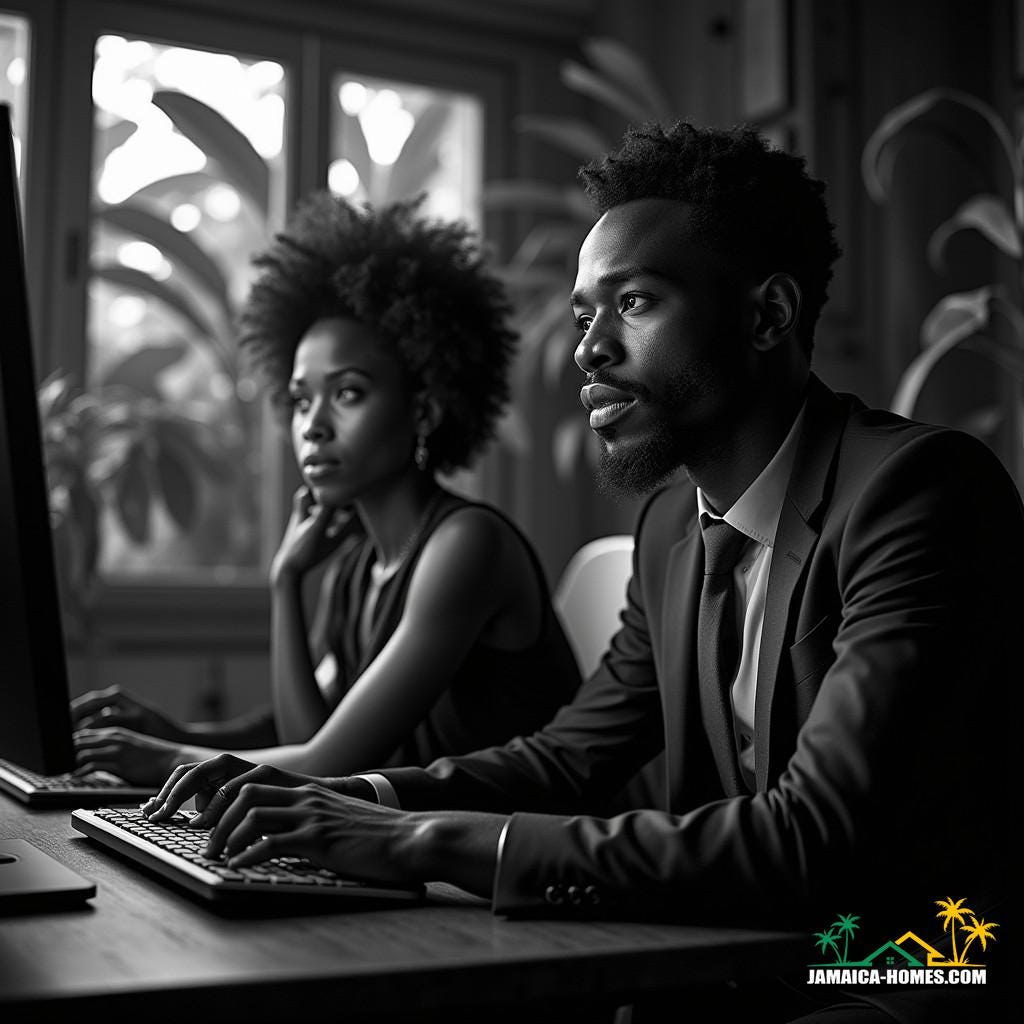 Dramatic, high-contrast, black and white portrait of two Jamaican real estate agents, one male and one female, intensely focused on their computer screens, surrounded by lush Caribbean foliage, warm cinematic lighting spilling in through the windows, accentuating the film grain and texture of the 35mm film. The agents are seated in a stylish, modern Jamaican office, with sleek, minimalist decor, the computer screens glowing softly, as they interact with AI chatbots, the atmosphere thick with concentration and innovation. Dramatic, high-contrast, black and white portrait of two Jamaican real estate agents, one male and one female, intensely focused on their computer screens, surrounded by lush Caribbean foliage, warm cinematic lighting spilling in through the windows, accentuating the film grain and texture of the 35mm film. The agents are seated in a stylish, modern Jamaican office, with sleek, minimalist decor, the computer screens glowing softly, as they interact with AI chatbots, the atmosphere thick with concentration and innovation.