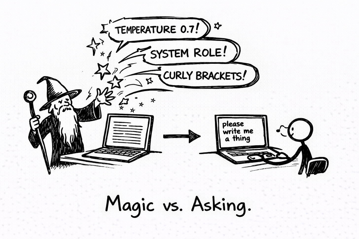 Hand-drawn whiteboard illustration of a wizard casting spell-like words such as “Temperature 0.7” and “System Role” at a computer, contrasted with a regular person typing “please write me a thing,” with both computers producing the same result.