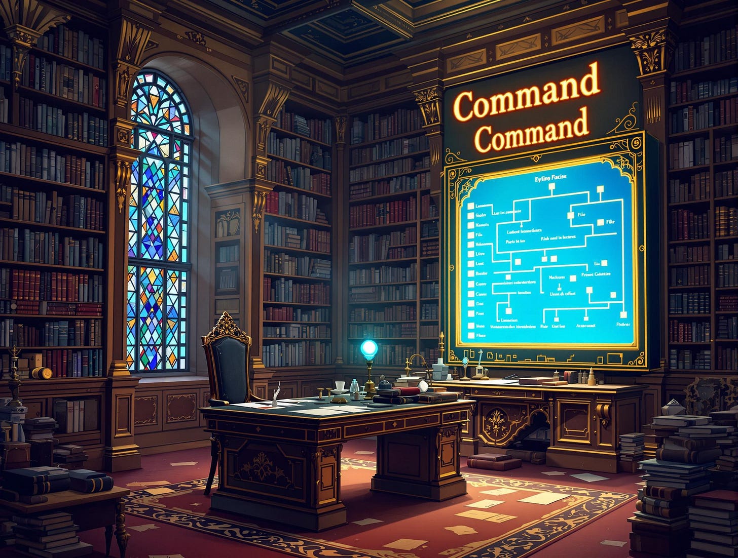 Un bureau plein de livres dans une ambiance steampunk. Au mur un grand écran affichant un graphique sous forme d'arbre avec inscrit "Command"