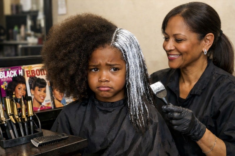 Frowning curly-haired girl looks on as her beautician perms her hair in a beauty salon.