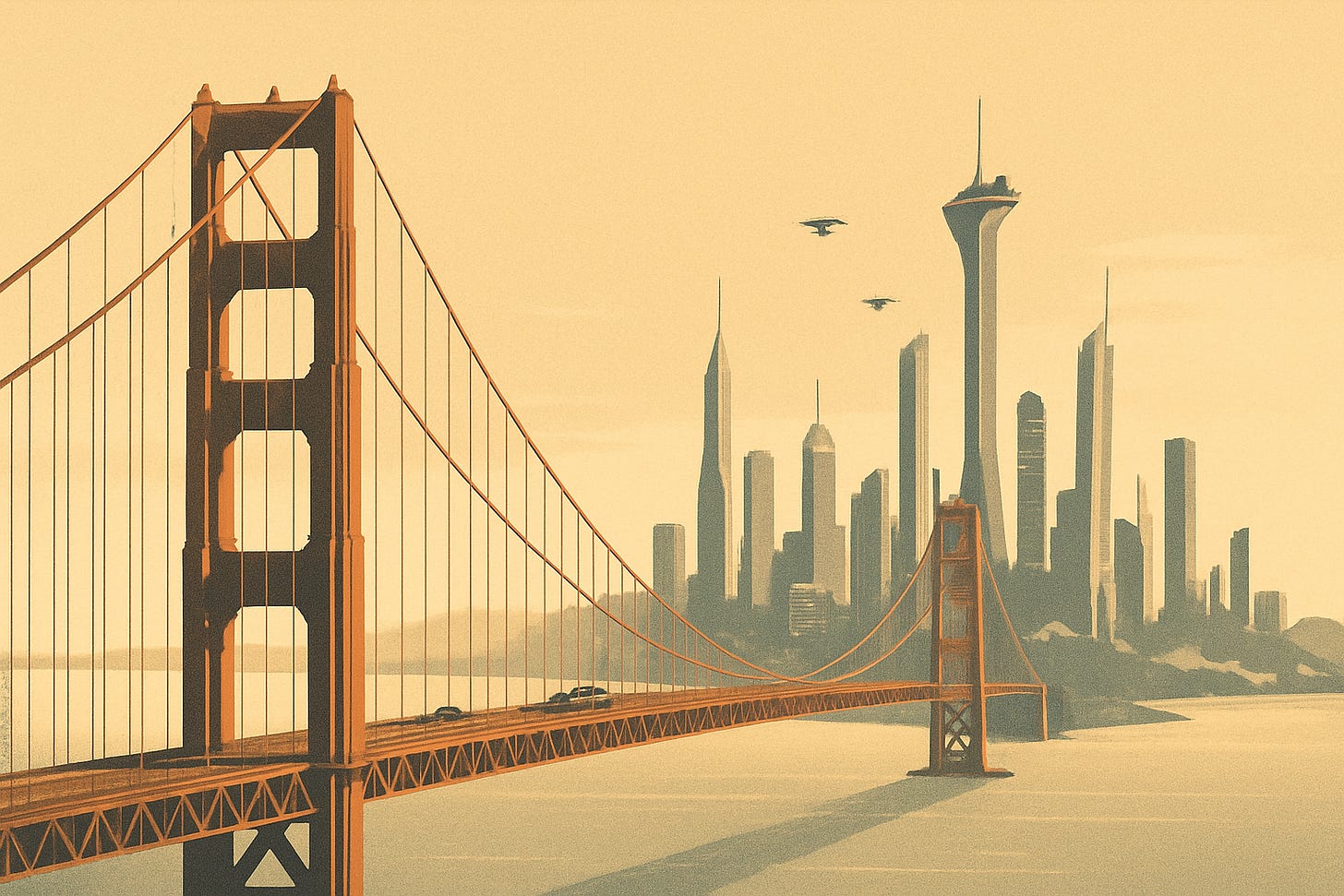 Golden gate bridge in a future tech city
