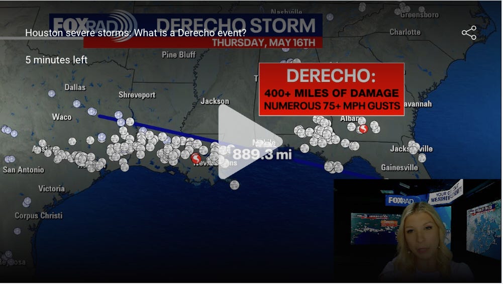 map of 2024 derecho storm track from Texas to Florida