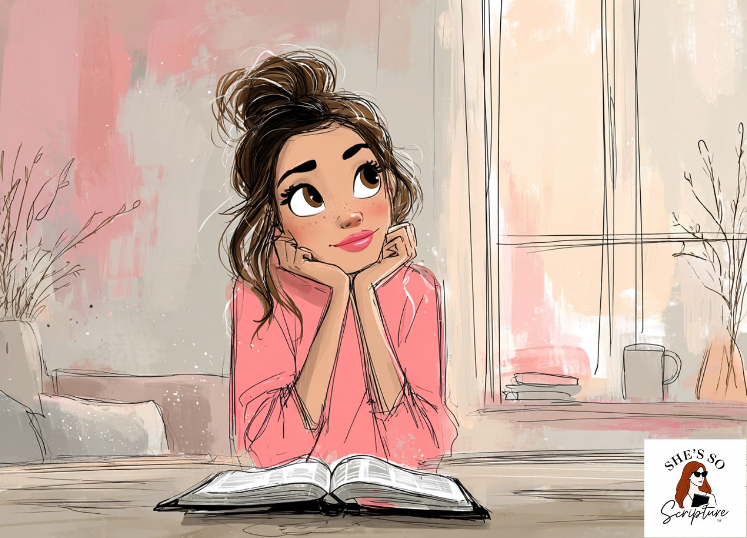 Illustration of a woman sitting at a table with an open Bible, resting her chin in her hands and gazing thoughtfully out a window in soft morning light.