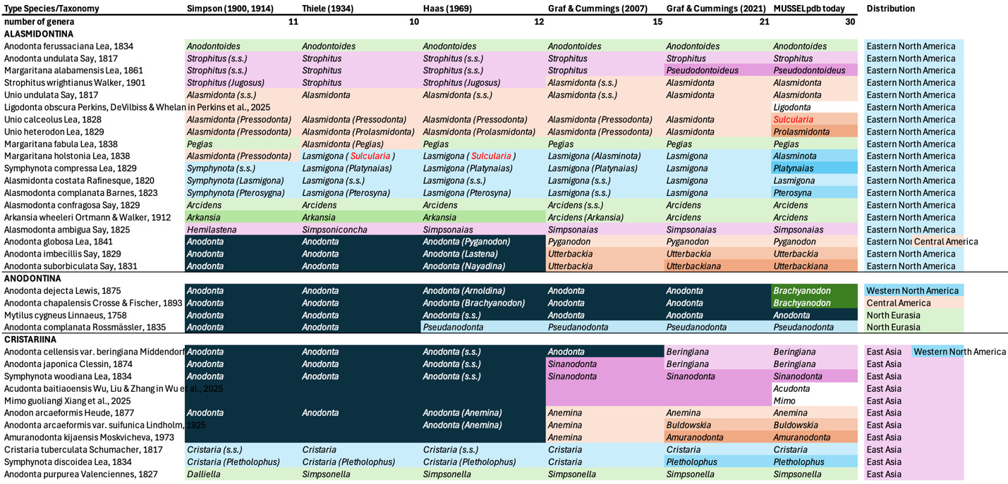 Colorful comparative genus level classifications of the Anodontini.