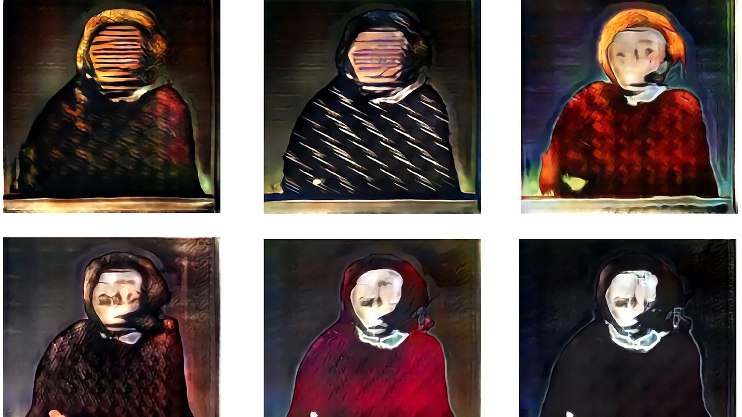 A grid of six squares, each featuring a differently styled abstract portrait