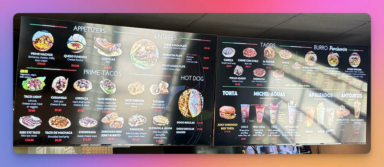 Menu, with a lot of glare.