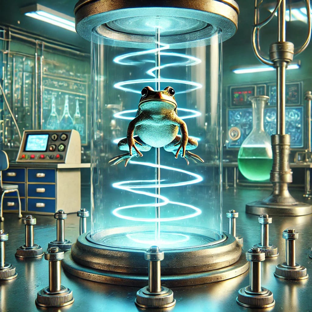 A futuristic science illustration showing a small frog levitating in a powerful magnetic field within a lab. The frog is suspended mid-air inside a glowing magnetic field, with scientific equipment, coils, and monitors in the background, all hinting at high-tech research. The atmosphere is a mix of scientific wonder and cutting-edge technology, with subtle blue and green lighting to convey the laboratory setting. The image captures both the awe of levitation and the advanced science behind magnetic fields.